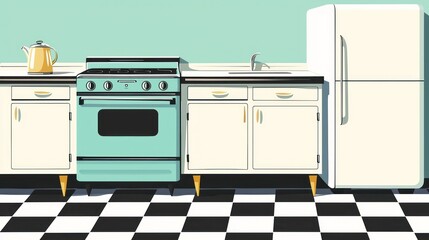 Retro kitchen scene with appliances and checkerboard floor.