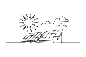 Solar energy concept with sun and panels in line art style vector illustration