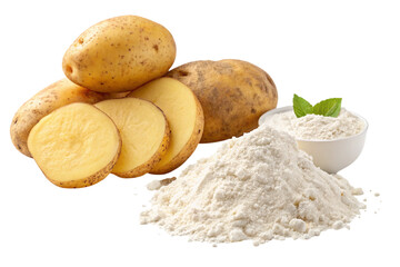 Fresh potatoes and potato starch ingredient isolated on transparent background