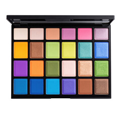 An open makeup palette displaying twenty four square pans of colorful eyeshadow powders isolated on transparent background. PNG die-cut for advertising