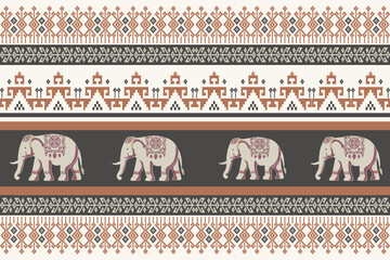 Decorative elephant parade with tribal pixel patterns in earthy tones, combining traditional Thai motifs with modern ethnic style for fabric, wallpaper, or digital design.