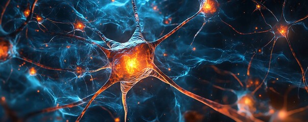 Sapphire and ember colored neuro-channels spreading across digital fluid space