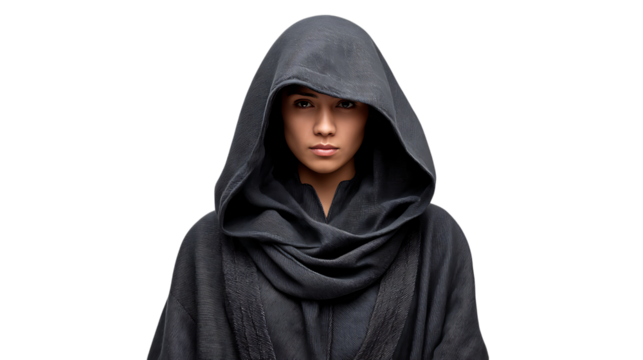 Mysterious hooded figure with intense gaze isolated on transparent background