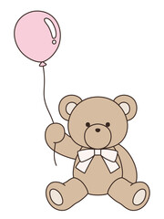 リボンをつけたかわいいくまのぬいぐるみのベクターイラスト。熊、アイコン、風船、テディベア