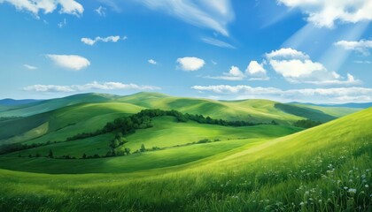 Fototapeta premium Rich green rolling hills under vibrant blue sky with white clouds. Sunlight streams through atmosphere, illuminating meadows, valleys. Serene landscape evokes feelings of peace, nature, beauty of