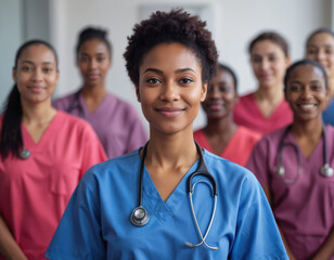 Confident African American nurse leads diverse medical team. Professionals in scrubs with stethoscopes smile, celebrating National Nurses Day. Teamwork, healthcare, unity, and career success.