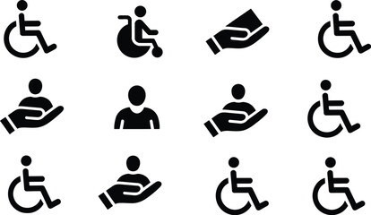 A collection of black and white icons featuring disability and care related symbols