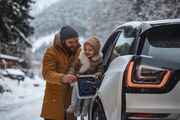Father charging his electric car while his little daughter and mother wait in the car trunk, emphasizing the convenience of electric vehicles for modern families, Generative AI