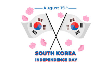 A vibrant illustration celebrating South Korea's Independence Day on August 15th, featuring the national flag and floral designs.