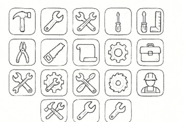 Hand Drawn Construction Tools and Worker Icons line art