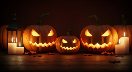 Glowing jack o lantern pumpkins arranged for Halloween celebration night