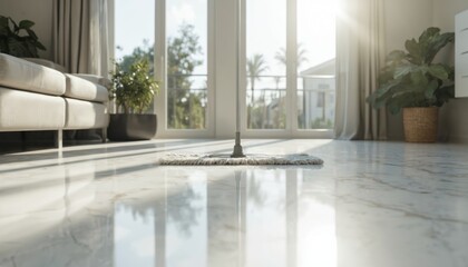 Sunlight streams across polished marble floor in modern home, mop ready for cleaning. Bright, airy room with large windows, plants suggests luxurious, tidy living space, perfect for housekeeping real