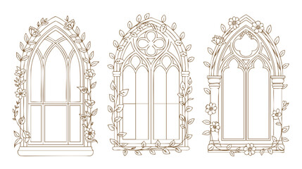 Floral gothic windows coloring page, arched window frame with flowers and leaves line art design vector drawing 