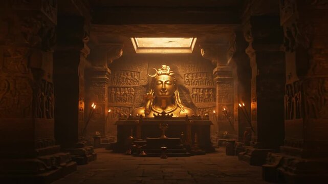 Ancient temple interior with golden sculpture