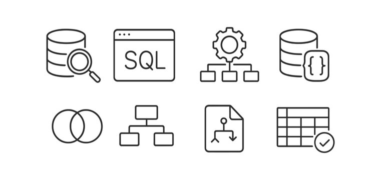 Database, sql line icon set. data management, analysis icons, line style collection