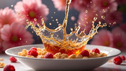 Pouring honey on cereal with raspberries healthy breakfast food photography splash art