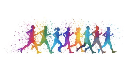Simple and bright marathon runner clipart with silhouettes of runners in action.