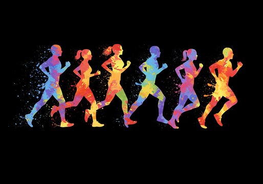 Vibrant marathon runner clipart showing colorful silhouettes of people in motion, ideal for fitness and sports designs.