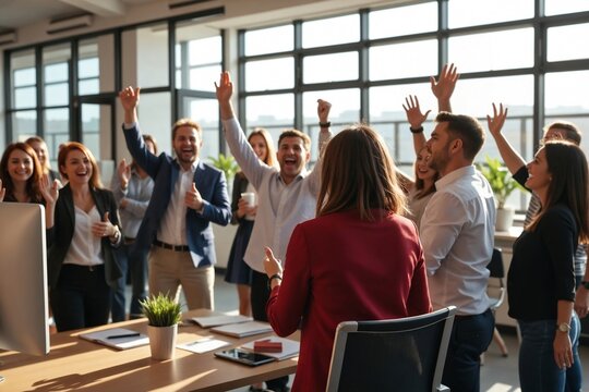 Excited Office Team Reacts with Cheers to Manager's Surprise Announcement of a Half-Day Friday Reward