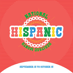 Hispanic heritage month. Vector web banner, poster, card for social media, networks. Greeting with national Hispanic heritage month text, Papel Picado pattern, perforated paper on black background.	