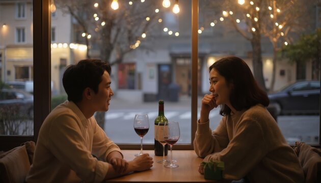 Young loving South Korean couple enjoys wine and conversation at cafe table. Asian man and woman happily chat, sharing a romantic evening meal. Soft bokeh lights in background create cozy atmosphere.