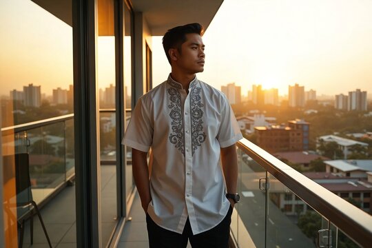 Proud Husky Filipino Man in a Traditional Barong Tagalog on a Modern Office Balcony Overlooking the City