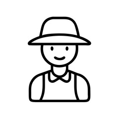 Minimalist black outline vector icon of a farmer wearing a hat, symbolizing agriculture, farming, and rural life. Clean, simple design on a transparent background