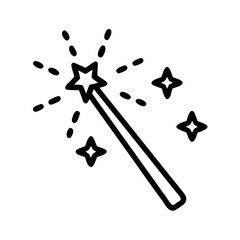 Minimalist black outline vector icon of a magic wand with sparkles around the tip, symbolizing imagination and creativity, isolated on a transparent background