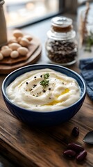 White bean cream with olive oil and thyme.