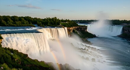 Fototapeta premium Majestic Niagara Falls with Vibrant Rainbow on a Sunny Day – Stunning Natural Wonder, Lush Scenery, and Powerful Waterfall Landscape