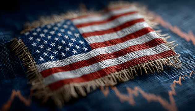 Us flag with declining stock graph symbolizes economic recession and stagnation