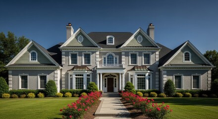 Elegant Gray Brick Mansion with Lush Landscaping and Red Roses