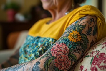 Close-up of cancer patients tattoo, symbolizing strength and determination in the fight against cancer, Generative AI