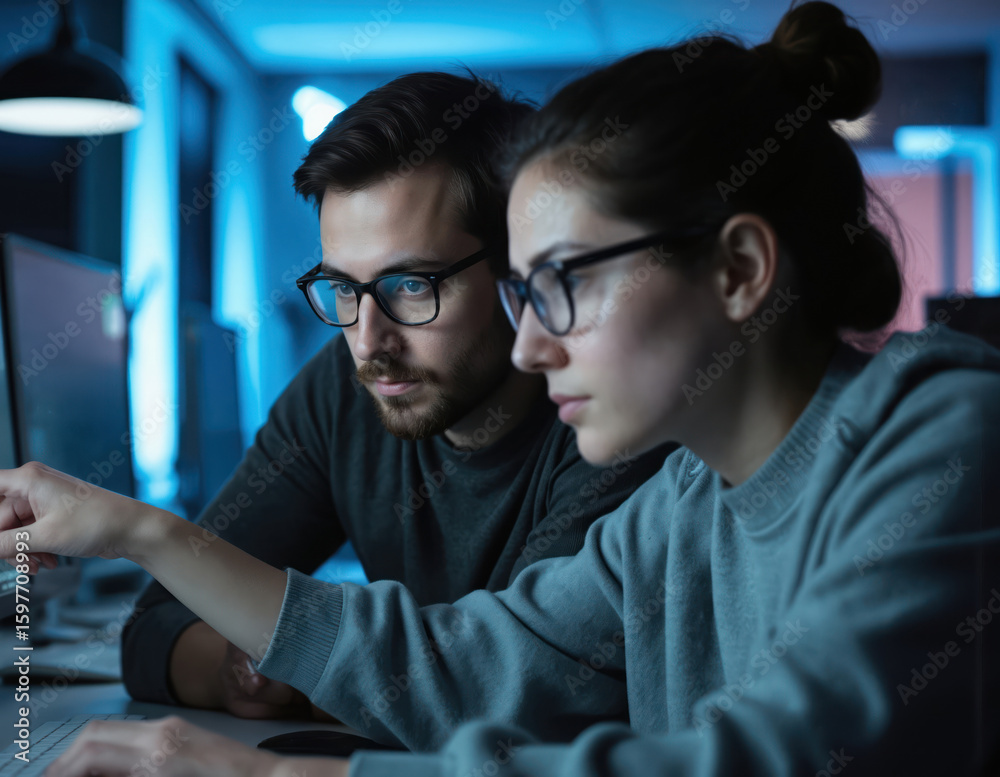 Poster man and woman programmers collaborate in office, analyzing computer code on monitor. professionals i