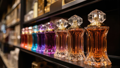 Luxury airport shop colorful perfume bottles. Variety of fragrances, liquid cosmetics arranged on shelves. High-end retail display for pre-departure shopping, offering fine aromas, personal scents.