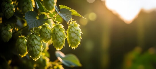 Green hops, cones for brewing beer on a branch. Banner template for advertising a beer brand, fresh harvesting and celebrating the October festival and beer day with space for text