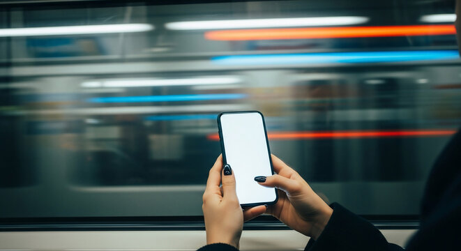 Hands Holding Smartphone on Moving Train with Blurry Lights