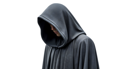Mysterious figure in dark hooded robe isolated on transparent background