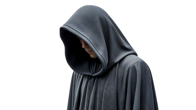 Mysterious figure in dark hooded robe isolated on transparent background