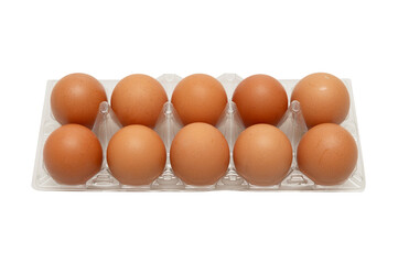 Ten fresh brown chicken eggs placed in a transparent plastic tray, ideal for food, grocery, and...