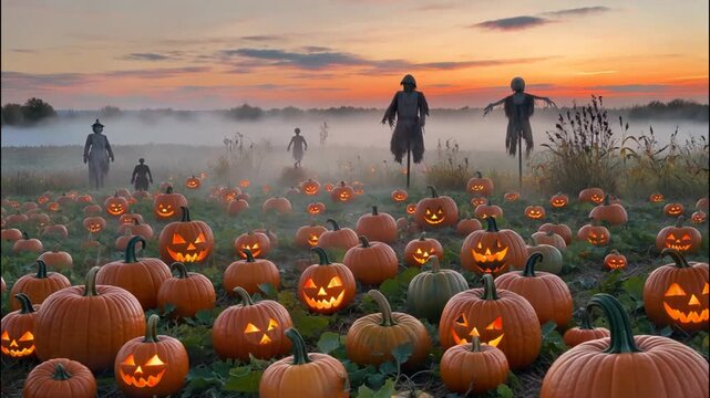 Illuminated pumpkins in a foggy field at sunset with scarecrows