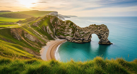 Iconic Durdle Door arch rock formation on Jurassic Coast with turquoise sea and lush green hills under a bright sky