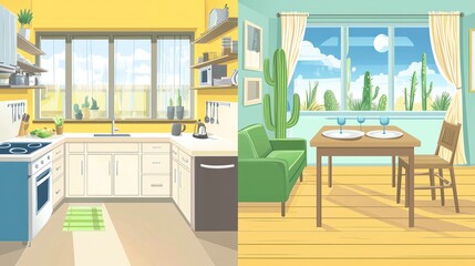 Two rooms, a kitchen and a dining area, with a desert view.