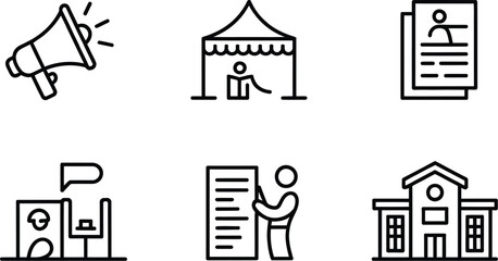 A set of six black line icons depicting a megaphone, a tent, and a building icon set