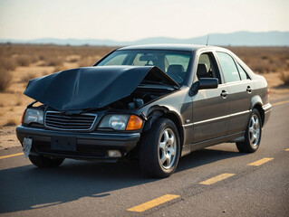 Obraz premium Car crash aftermath on road. Damaged vehicle, accident scene. Road safety concept.