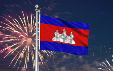 National flag independence state Cambodia, background fireworks. AI Generative
