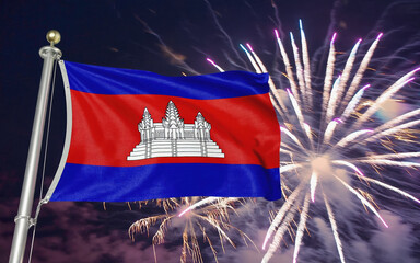National flag independence state Cambodia, background fireworks. AI Generative
