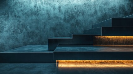 Dark, modern, geometric steps with glowing accent lighting against a textured teal wall