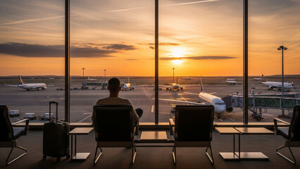 A man sits in an airport lounge, looking out the window at airplanes on the tarmac during a vibrant sunset.