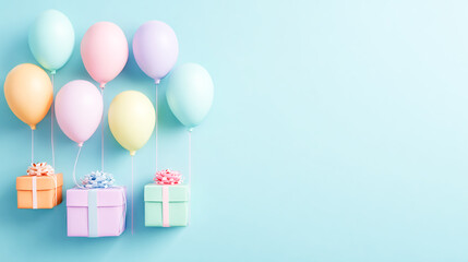 Happy birthday banner background with pastel-colored balloons and gifts on a light blue wall, in a minimalistic style, with free space for text in the center.